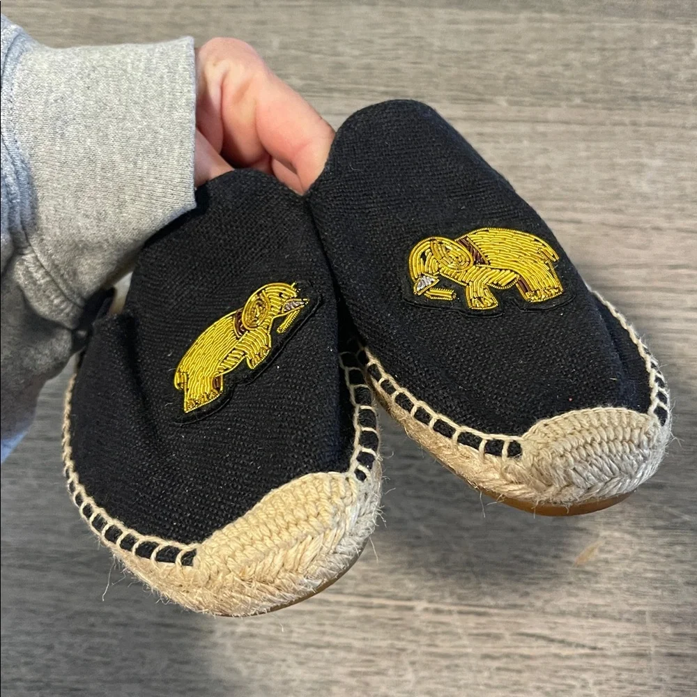 Soludos Black Flat Golden Elephant Espadrille Jute‎ Slip On Shoes | Size 7